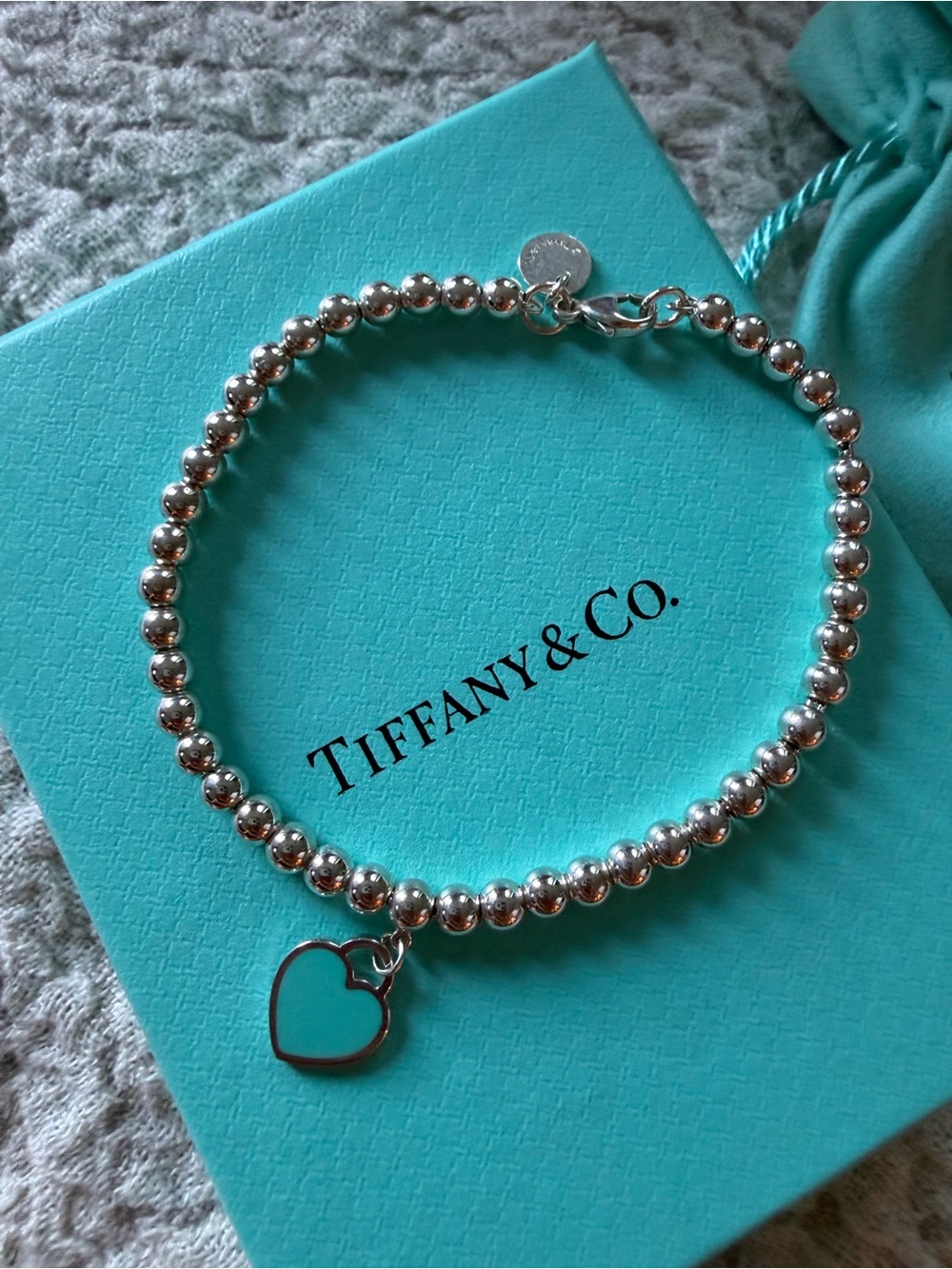 Tiffany & Co. Silver Beaded Bracelet with Turquoise Heart Charm